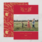 Golden Winter Sprigs Monogram Foto Rood Feestdagenkaart (Voorkant / Achterkant)