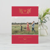 Golden Winter Sprigs Monogram Foto Rood Feestdagenkaart (Staand voorkant)