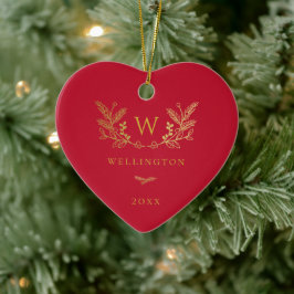 Golden Winter Sprigs Monogram Red Keramisch Ornament