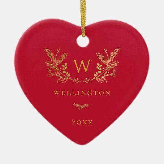 Golden Winter Sprigs Monogram Red Keramisch Ornament (Voorkant)
