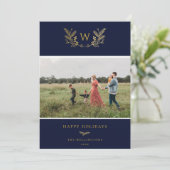 Golden Winter Springs Monogram Foto Blauw Feestdagenkaart (Staand voorkant)