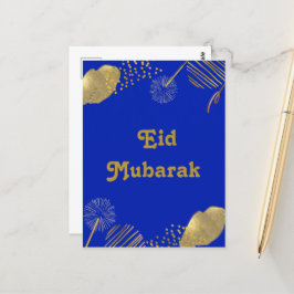 Golden Wishes: Eid Mubarak Blauw en Goud 2024 Kaar Briefkaart