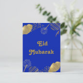 Golden Wishes: Eid Mubarak Blauw en Goud 2024 Kaar Briefkaart (Staand voorkant)
