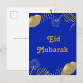 Golden Wishes: Eid Mubarak Blauw en Goud 2024 Kaar Briefkaart (Voorkant / Achterkant)