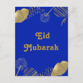 Golden Wishes: Eid Mubarak Blauw en Goud 2024 Kaar Briefkaart (Voorkant)