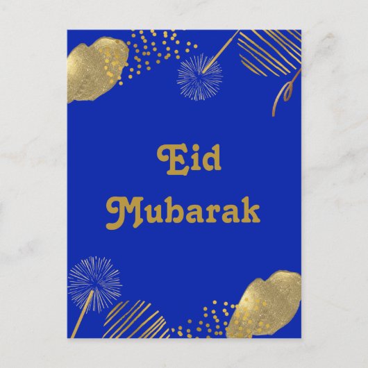 Golden Wishes: Eid Mubarak Blauw en Goud 2024 Kaar Briefkaart (Voorkant)