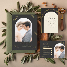 Golden Wisps Black Two Photo Wedding Kaart