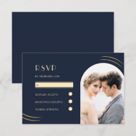 Golden Wisps Dark Blue Photo Wedding RSVP Kaartje