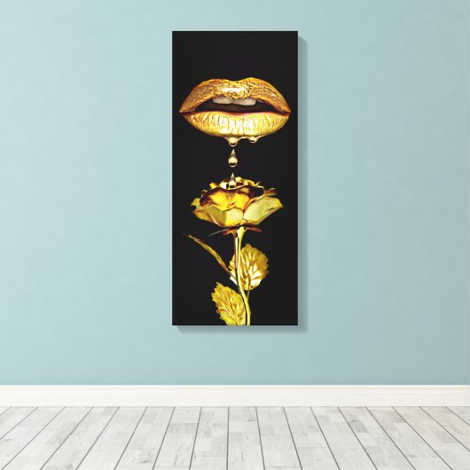 Golden womans Lips Dripping Liquid Gold Art Canvas Afdruk (Insitu (Houten vloer))