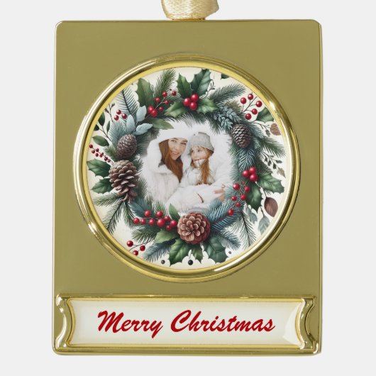 Golden Wreath – Customizable Christmas Keepsake Verguld Banner Ornament (Voorkant)