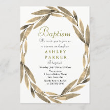Golden Wreath Gold Leaf Boy Girl Baptism Invite
