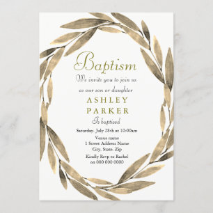 Golden Wreath Gold Leaf Boy Girl Baptism Invite Kaart