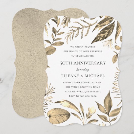 Golden Wreath Leaf 50th Wedding Jubileum Invite Kaart (Voorkant / Achterkant)