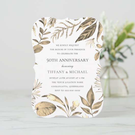 Golden Wreath Leaf 50th Wedding Jubileum Invite Kaart (Staand voorkant)