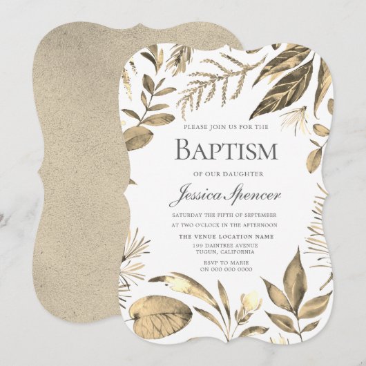 Golden Wreath Leaf Foliage Baptism Invite Kaart (Voorkant / Achterkant)