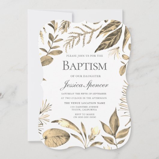 Golden Wreath Leaf Foliage Baptism Invite Kaart (Voorkant)