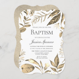 Golden Wreath Leaf Foliage Baptism Invite Kaart