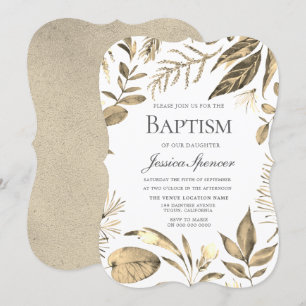 Golden Wreath Leaf Foliage Baptism Invite Kaart