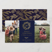 Golden Wreath Monogram Vakantie 2 Fotokaart Blauw Feestdagenkaart (Voorkant / Achterkant)