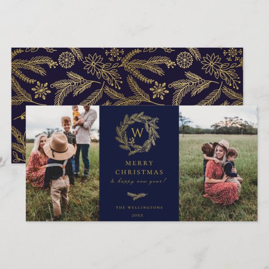 Golden Wreath Monogram Vakantie 2 Fotokaart Blauw Feestdagenkaart (Voorkant / Achterkant)