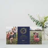 Golden Wreath Monogram Vakantie 2 Fotokaart Blauw Feestdagenkaart (Staand voorkant)