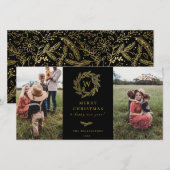 Golden Wreath Monogram Vakantie 2 Fotokaart Zwart Feestdagenkaart (Voorkant / Achterkant)