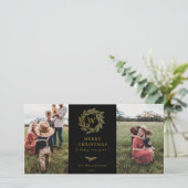 Golden Wreath Monogram Vakantie 2 Fotokaart Zwart Feestdagenkaart (Staand voorkant)