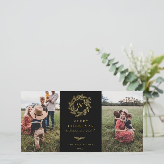Golden Wreath Monogram Vakantie 2 Fotokaart Zwart Feestdagenkaart (Staand voorkant)