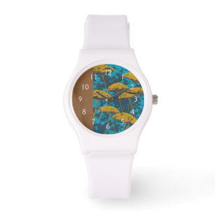 Golden Yarrow Garden met blauwe achtergrond Horloge