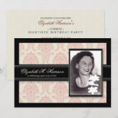 Golden Years Damask Birthday Party Invite (roze) Kaart (Voorkant / Achterkant)