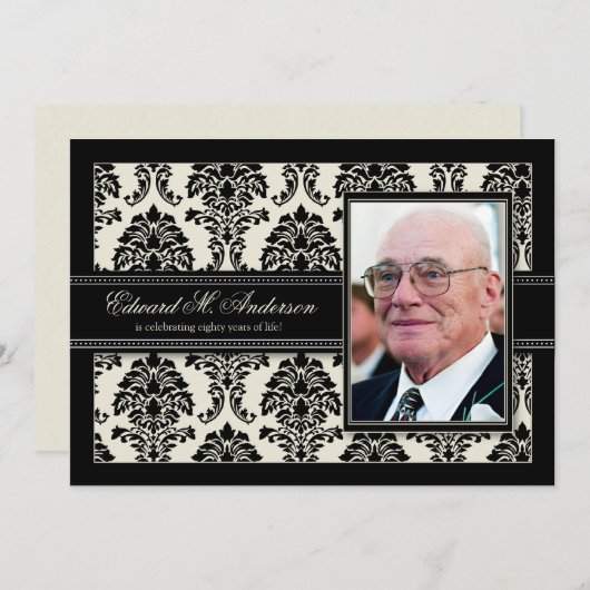 Golden Years Damask Birthday Party Invite (zwart) Kaart (Voorkant / Achterkant)