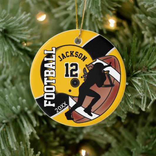Golden Yellow and Black Football Player Keramisch Ornament (Boom)