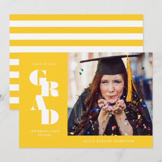 Golden Yellow Bold Serif Single Photo Afstuderen Aankondiging (Voorkant / Achterkant)