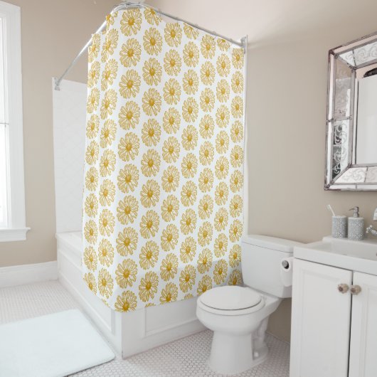Golden Yellow Daisies Print, Daisy Floral Pattern Douchegordijn (In situ)