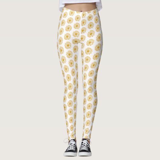 Golden Yellow Daisies Print, Daisy Floral Pattern Leggings (Voorkant)