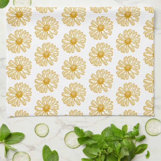 Golden Yellow Daisies Print, Daisy Floral Pattern Theedoek (Gevouwen)