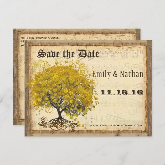 Golden Yellow Heart Leaf Tree Save the Date Aankondigingskaart (Voorkant / Achterkant)