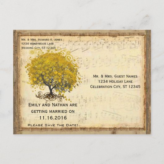 Golden Yellow Heart Leaf Tree Save the Date Aankondigingskaart (Achterkant)