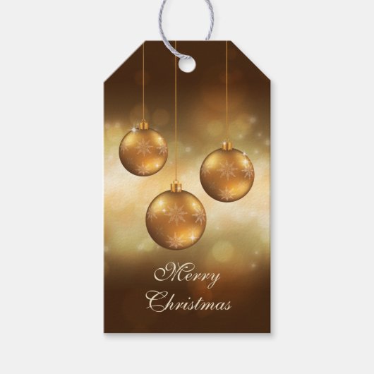 Golden Yellow Kerstkroonbobbels op Gele Bokeh Cadeaulabel (Voorkant)