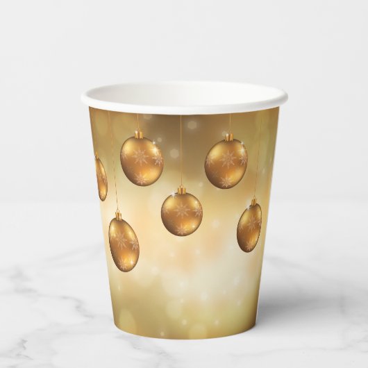Golden Yellow Kerstkroonbobbels op Gele Bokeh Papieren Bekers (Achterkant)