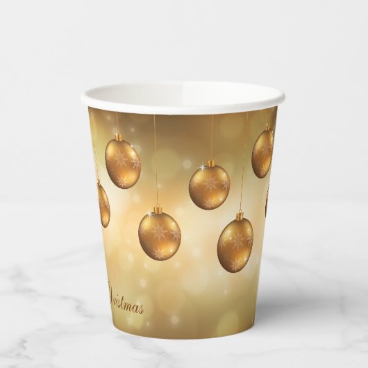 Golden Yellow Kerstkroonbobbels op Gele Bokeh Papieren Bekers (Links)