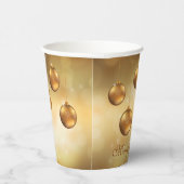 Golden Yellow Kerstkroonbobbels op Gele Bokeh Papieren Bekers (Rechts)