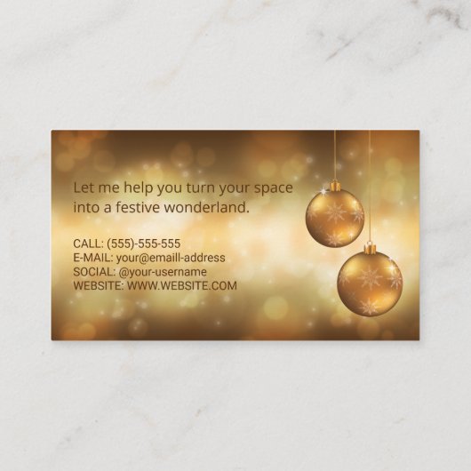 Golden Yellow Kerstkroonbobbels op Gele Bokeh Visitekaartje (Achterkant)