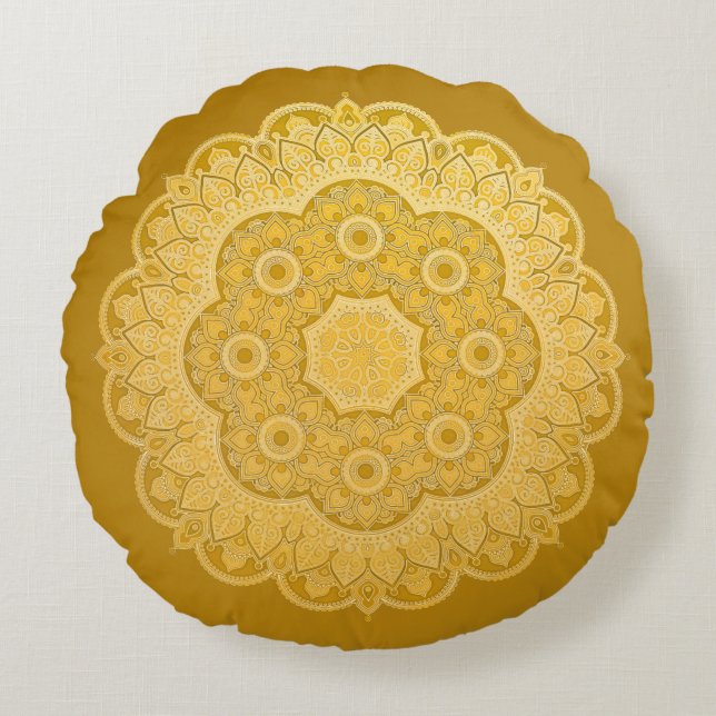 Golden Yellow Mandala Round Pillow Rond Kussen (Voorkant)