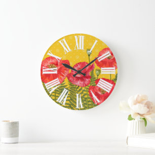 Golden Yellow met Red Poppies Roman Numerals Grote Klok