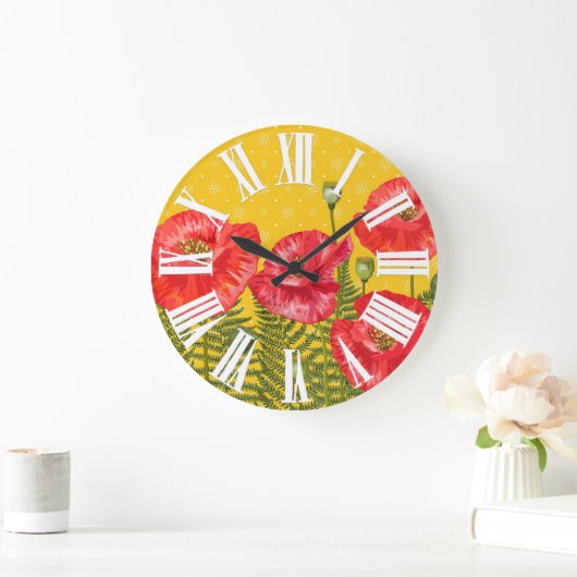 Golden Yellow met Red Poppies Roman Numerals Grote Klok (Huis)