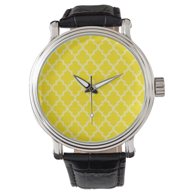 Golden Yellow Moroccan Moods Quatrefoil Horloge (Voorkant)