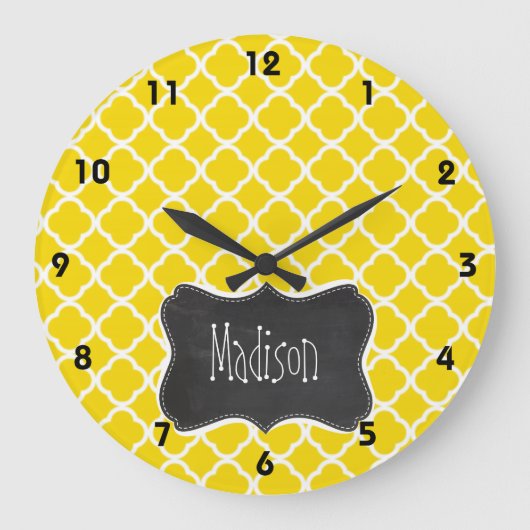 Golden Yellow Moroccan Quatrefoil; Chalkboardblik Grote Klok (Voorkant)
