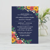 Golden Yellow Navy Boho Bloemen Ouders Hosting Kaart (Staand voorkant)