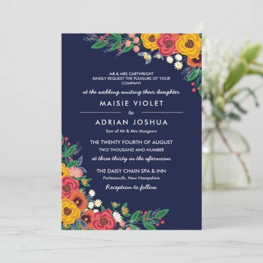 Golden Yellow Navy Boho Bloemen Ouders Hosting Kaart (Staand voorkant)